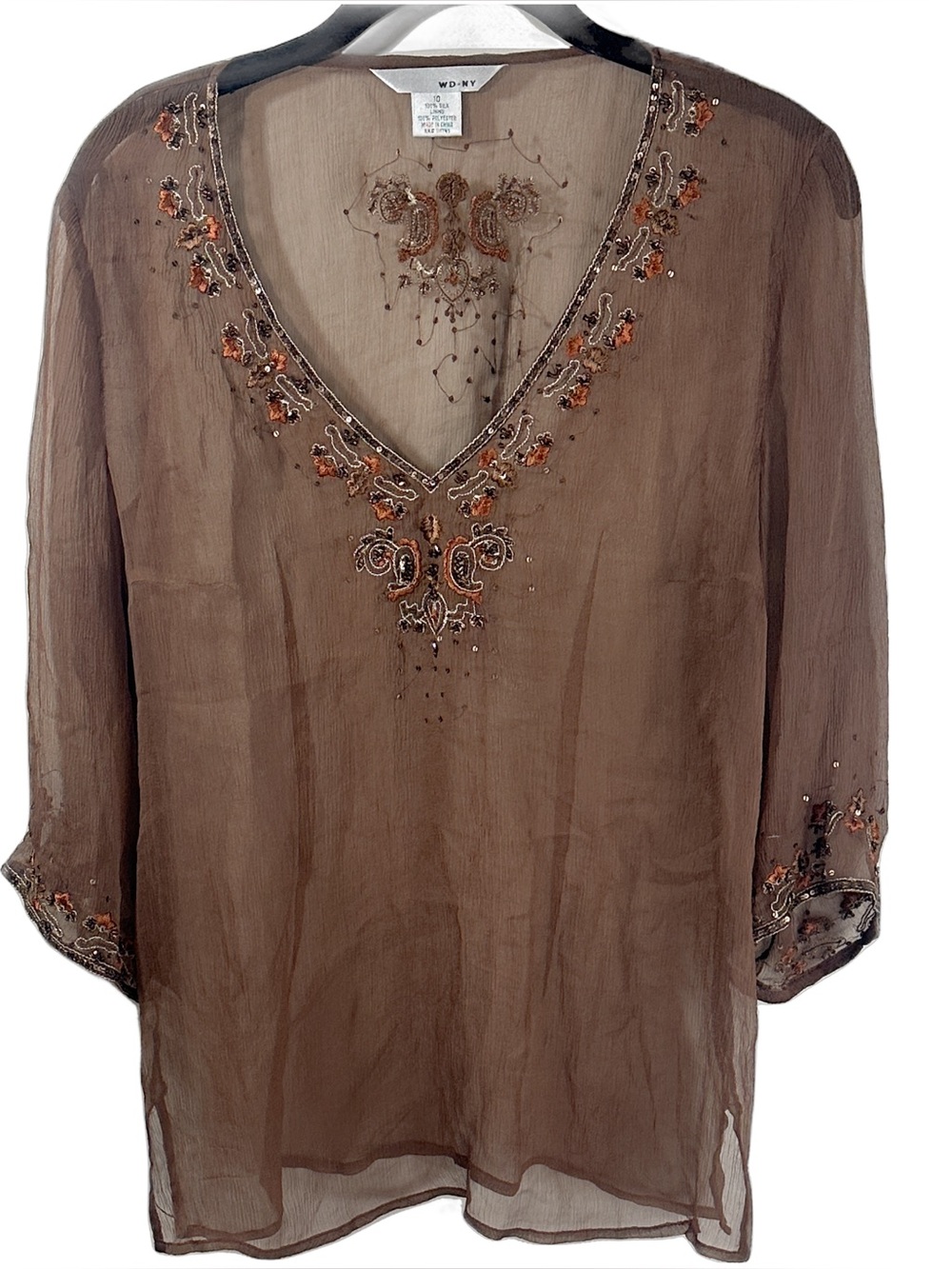 WD.NY 100% Silk Beaded V-neck brown Flowy Size 10